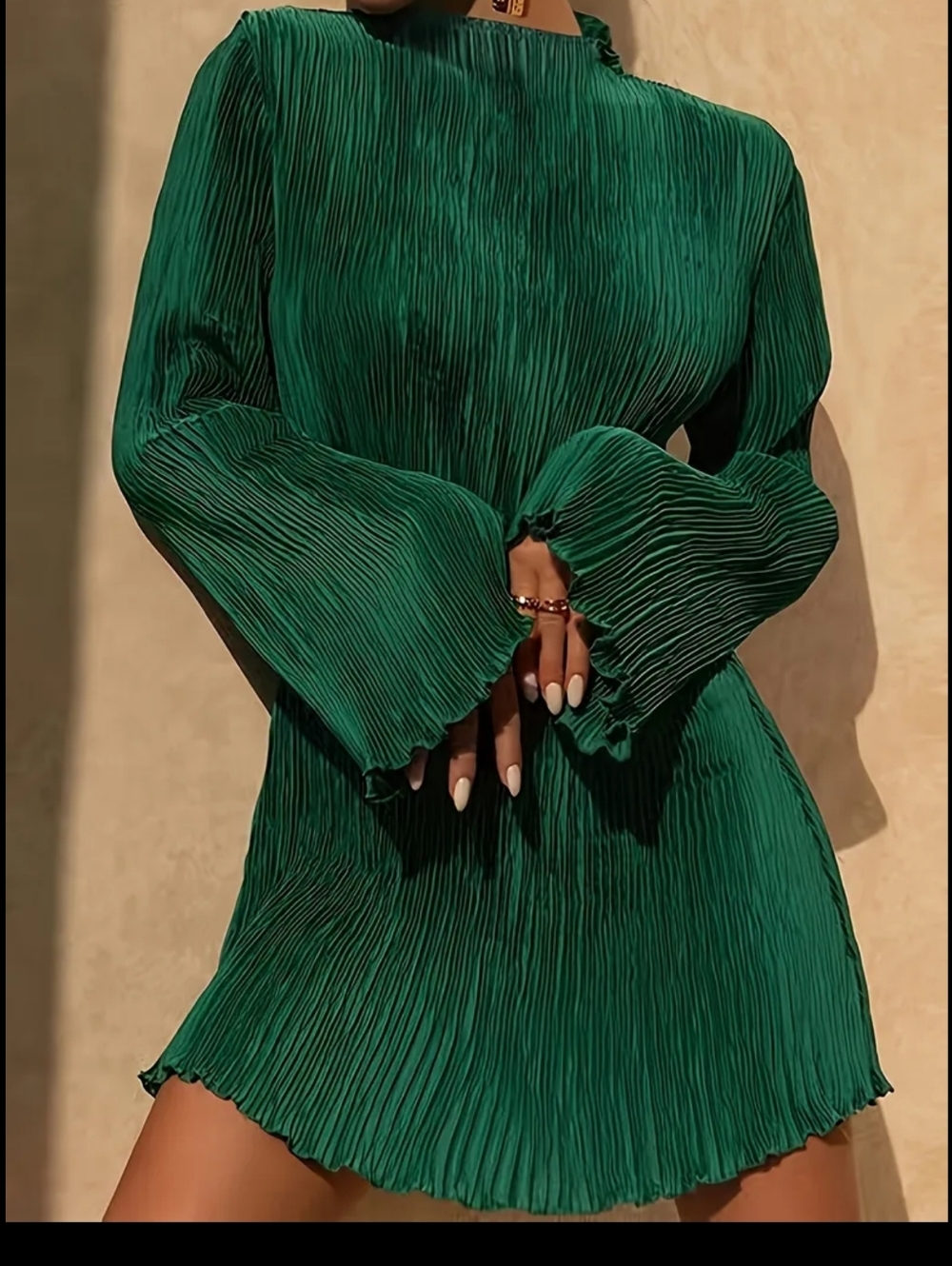 Emerald Pleated Long-Sleeve Mini Dress - Picture 1 of 6